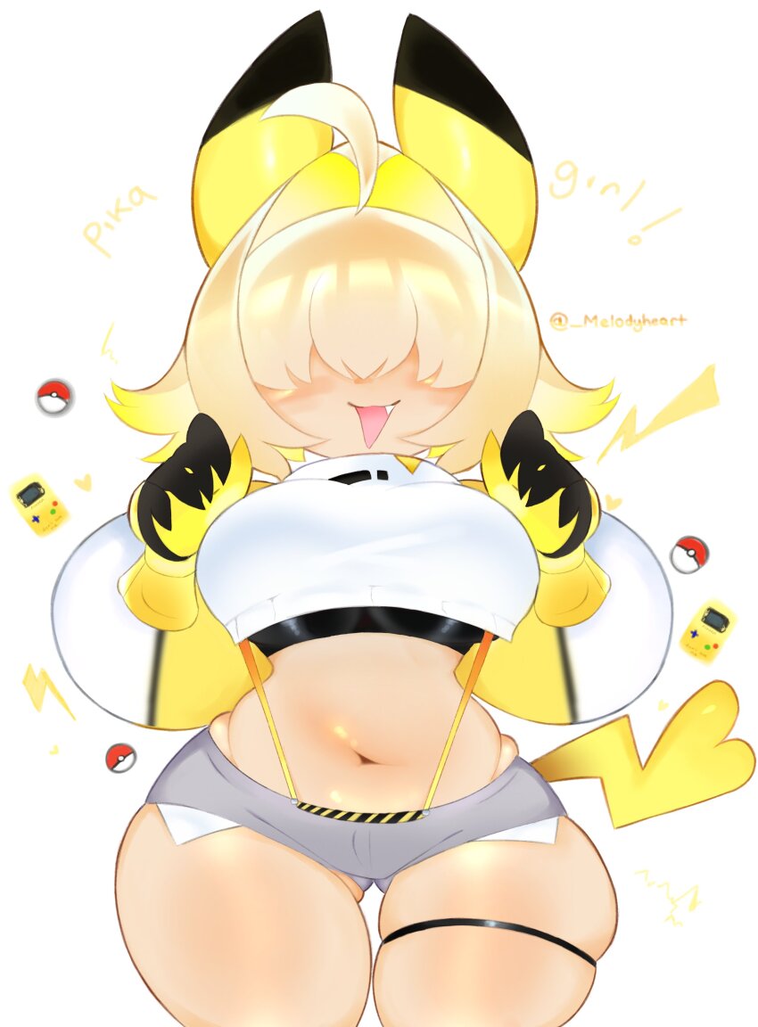 :d absurdres ahoge animal_ears blonde_hair breasts commentary cosplay cowboy_shot cropped_sweater elegg_(nikke) exposed_pocket fang flipped_hair game_boy game_boy_color gen_1_pokemon gluteal_fold goddess_of_victory:_nikke hair_intakes hair_over_eyes handheld_game_console hands_up heart highres hip_dips large_breasts lightning_bolt_symbol melodyheart multicolored_hair navel open_mouth pikachu pikachu_(cosplay) pikachu_ears pikachu_tail poke_ball poke_ball_(basic) pokemon_tail shorts signature skindentation smile stomach straight-on suspender_shorts suspenders sweater tail thick_thighs thigh_gap thigh_strap thighs two-sided_gloves two-tone_hair white_background