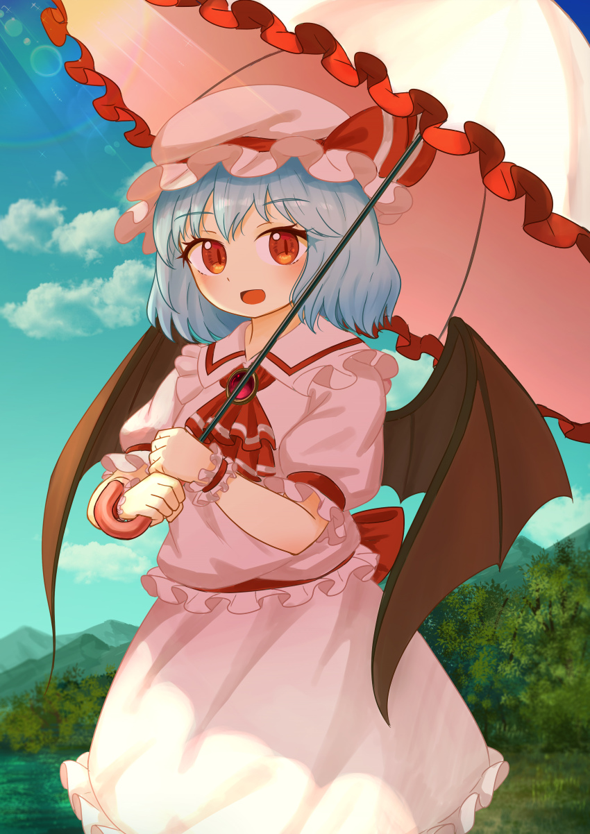 1girl absurdres ascot bat_wings blue_hair blue_sky cloud collared_shirt commentary_request day ekaapetto frilled_shirt_collar frills hat hat_ribbon highres holding holding_umbrella lens_flare looking_at_viewer making-of_available mob_cap open_mouth outdoors paid_reward_available parasol pink_hat pink_shirt pink_skirt puffy_short_sleeves puffy_sleeves red_ascot red_eyes remilia_scarlet ribbon shirt short_sleeves skirt skirt_set sky smile touhou umbrella wings wrist_cuffs