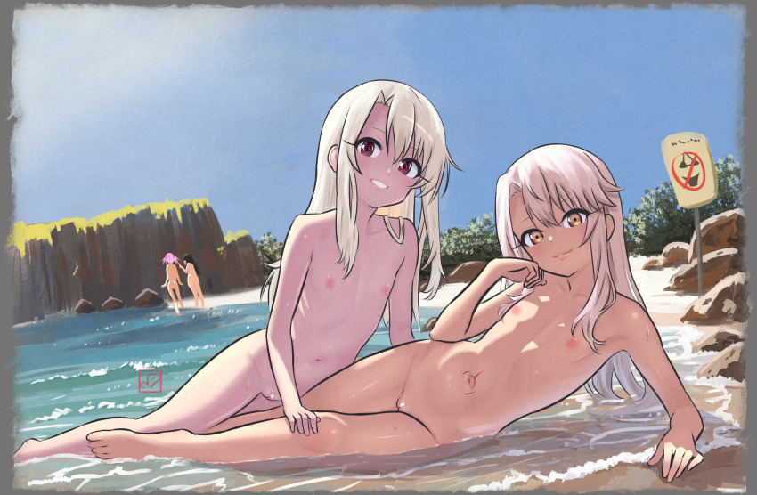 4girls akemi_homura barefoot beach blue_sky blush breasts brown_eyes censored chloe_von_einzbern cleft_of_venus closed_mouth collarbone completely_nude dark-skinned_female dark_skin day elementary_(lolipope) fate/grand_order fate/kaleid_liner_prisma_illya fate_(series) flat_chest grey_hair grin hair_between_eyes highres illyasviel_von_einzbern kaname_madoka loli long_hair looking_at_viewer lying mahou_shoujo_madoka_magica multiple_girls navel nipples nude nudist nudist_beach ocean on_side outdoors parted_lips partially_submerged pink_hair pointless_censoring pussy red_eyes rock sidelocks sign simple_background sky small_breasts smile stomach stomach_tattoo tattoo thighs toes transparent_background water wet white_hair yellow_eyes