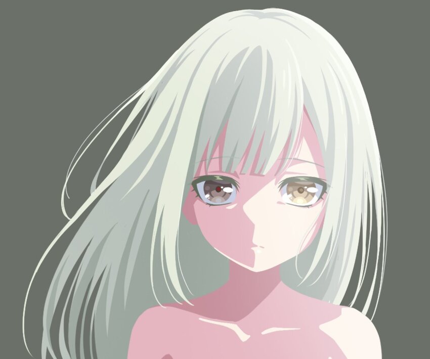 1girl bang_dream! bang_dream!_it's_mygo!!!!! bare_shoulders brown_eyes closed_mouth collarbone colored_eyelashes expressionless eyelashes floating_hair green_background green_eyes green_theme long_hair looking_at_viewer mismatched_pupils no_lineart nude official_style portrait red_pupils sidelighting solo straight_hair sukenine swept_bangs wakaba_mutsumi