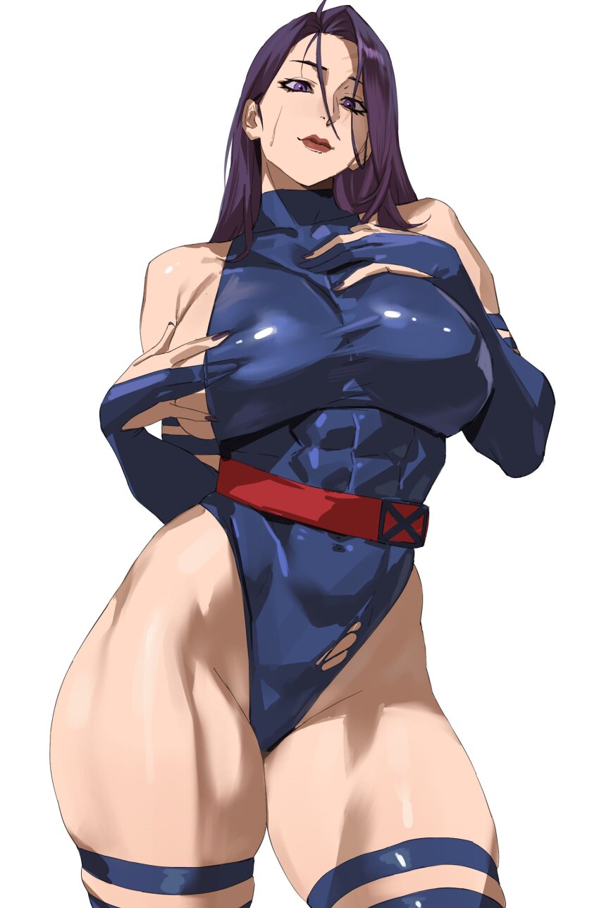 1girl absurdres belt blue_leotard breasts commentary_request covered_abs covered_erect_nipples covered_navel curvy elbow_gloves gloves head_tilt highleg highleg_leotard highres huge_breasts leotard long_hair looking_at_viewer marvel muscular muscular_female parted_lips partially_fingerless_gloves psylocke purple_eyes purple_hair red_belt shiny_skin sideboob simple_background sleeveless smile solo taiyang_yu thick_thighs thighs thong_leotard tight_clothes torn_clothes wide_hips x-men