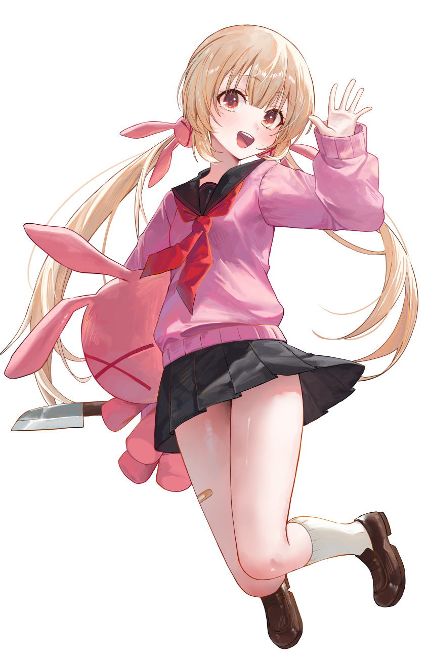 1girl absurdres black_skirt breasts commentary hair_ornament highres kaze_22 knife long_hair low_twintails natori_sana natori_sana_(school_uniform) pleated_skirt rabbit_hair_ornament sana_channel school_uniform simple_background skirt small_breasts smile socks solo stuffed_animal stuffed_rabbit stuffed_toy twintails virtual_youtuber white_background white_socks