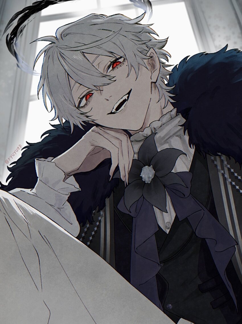 1boy ascot black_vest cape curtains double-parted_bangs fangs fingernails frilled_sleeves frills fur-trimmed_cape fur_trim hair_between_eyes hashtag-only_commentary highres kuzuha_(nijisanji) long_sleeves looking_at_viewer male_focus nijisanji pants pointy_ears red_eyes ryuyuep sharp_fingernails sitting smile teeth vampire vest virtual_youtuber white_ascot white_hair white_pants window