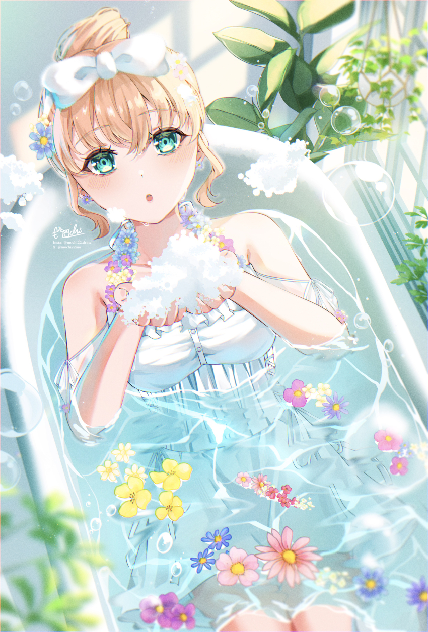 1girl absurdres aqua_eyes bare_shoulders bathing blue_flower commentary_request cowboy_shot dress_swimsuit flower hair_bun her-bath-rium highres hinoshita_kaho holding in_bathtub link!_like!_love_live! love_live! mochi_tsu22 off-shoulder_one-piece_swimsuit off_shoulder official_alternate_costume one-piece_swimsuit orange_hair pink_flower plant potted_plant purple_flower short_hair sidelocks single_hair_bun soap_bubbles solo swimsuit virtual_youtuber white_one-piece_swimsuit yellow_flower
