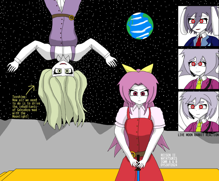 5girls absurdres animal_ears belt blonde_hair bow breasts character_name commentary dress earth_(planet) english_commentary english_text formal_clothes grey_hair hair_between_eyes hair_bow high_ponytail highres koishi_komeiji's_heart-throbbing_adventure light_smile live_tucker_reaction_(meme) long_hair long_sleeves lunarian_guard_(female) mdcmp4 meme moon multiple_girls necktie open_mouth parody planet planted planted_sword planted_weapon ponytail purple_dress purple_hair purple_suit rabbit_ears red_eyes reisen_(touhou_bougetsushou) scene_reference shirt short_sleeves siblings sisters smile space style_parody suit sword talking touhou upside-down watatsuki_no_toyohime watatsuki_no_yorihime weapon white_hair white_shirt yellow_bow yellow_eyes yellow_necktie
