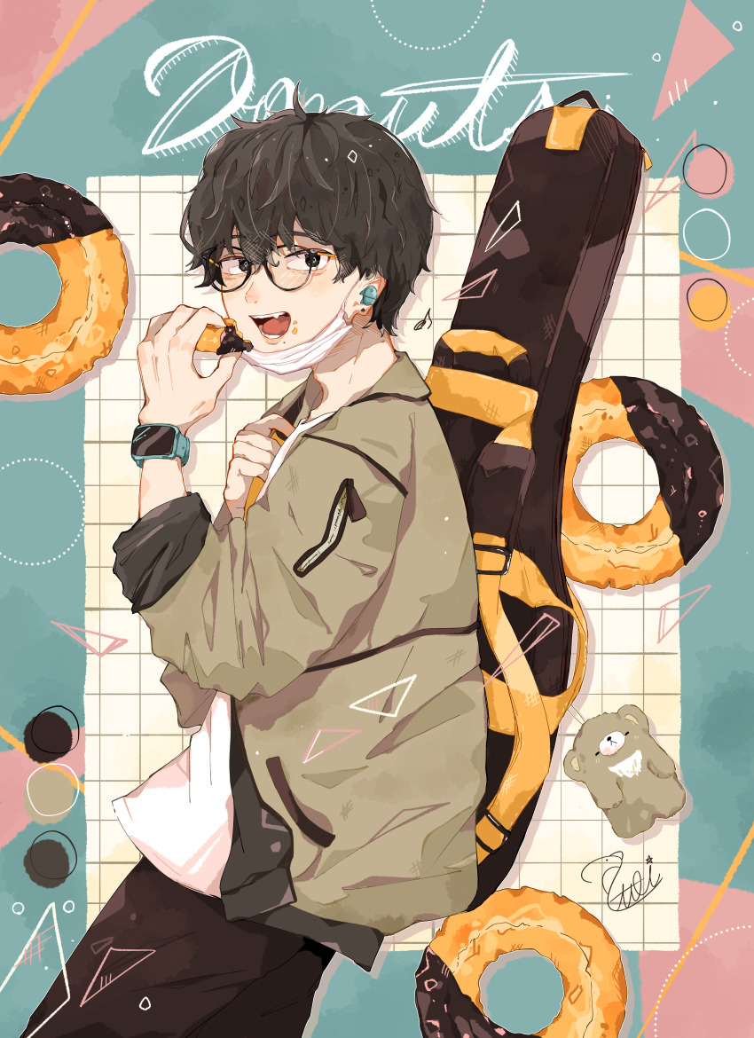 1boy absurdres aqua_border bag_charm black-framed_eyewear black_pants border brown_jacket charm_(object) circle commentary_request cowboy_shot donut drop_shadow eating food food-themed_background food_name food_on_face from_side glasses grid_background guitar_case hair_between_eyes highres holding holding_food instrument_case instrument_case_on_back jacket long_sleeves looking_at_viewer looking_to_the_side male_focus mask mask_pull mouth_mask open_clothes open_jacket open_mouth original pants partial_commentary pink_border pocket shirt short_hair signature star_(symbol) stuffed_animal stuffed_toy teddy_bear triangle utoipenko watch white_background white_mask white_shirt wristwatch