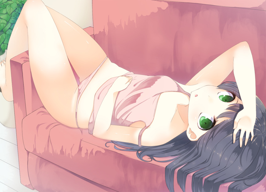 1girl arm_up bare_arms bare_legs barefoot black_hair breasts camisole collarbone couch gluteal_fold green_eyes hand_on_own_head hand_on_own_stomach knees_up legs_together long_hair looking_at_viewer lying no_pants on_back on_couch open_mouth original panties pink_camisole pink_panties plant potted_plant small_breasts solo strap_slip swept_bangs thigh_gap thigh_strap tofu1601 underwear