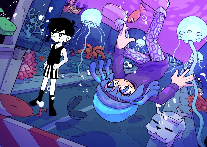 1girl 2boys absurdres air_bubble antenna_hair black_eyes black_hair black_shorts black_socks black_tank_top blue_hair blush bright_pupils bubble character_request collarbone colored_skin commentary commission copyright_request double-parted_bangs english_commentary fish furry furry_male gator_guy_(omori) hair_between_eyes highres jellyfish looking_at_another medium_hair multicolored_shorts multiple_boys omori omori_(omori) parted_lips purple_shoes road saghaley sea_anemone seacow_(omori) shoes short_hair shorts socks standing striped_clothes striped_shorts sunglasses tank_top tentacle_hair toll_snake_(omori) two-tone_shorts underwater upside-down vertical-striped_clothes vertical-striped_shorts white_pupils white_shorts white_skin