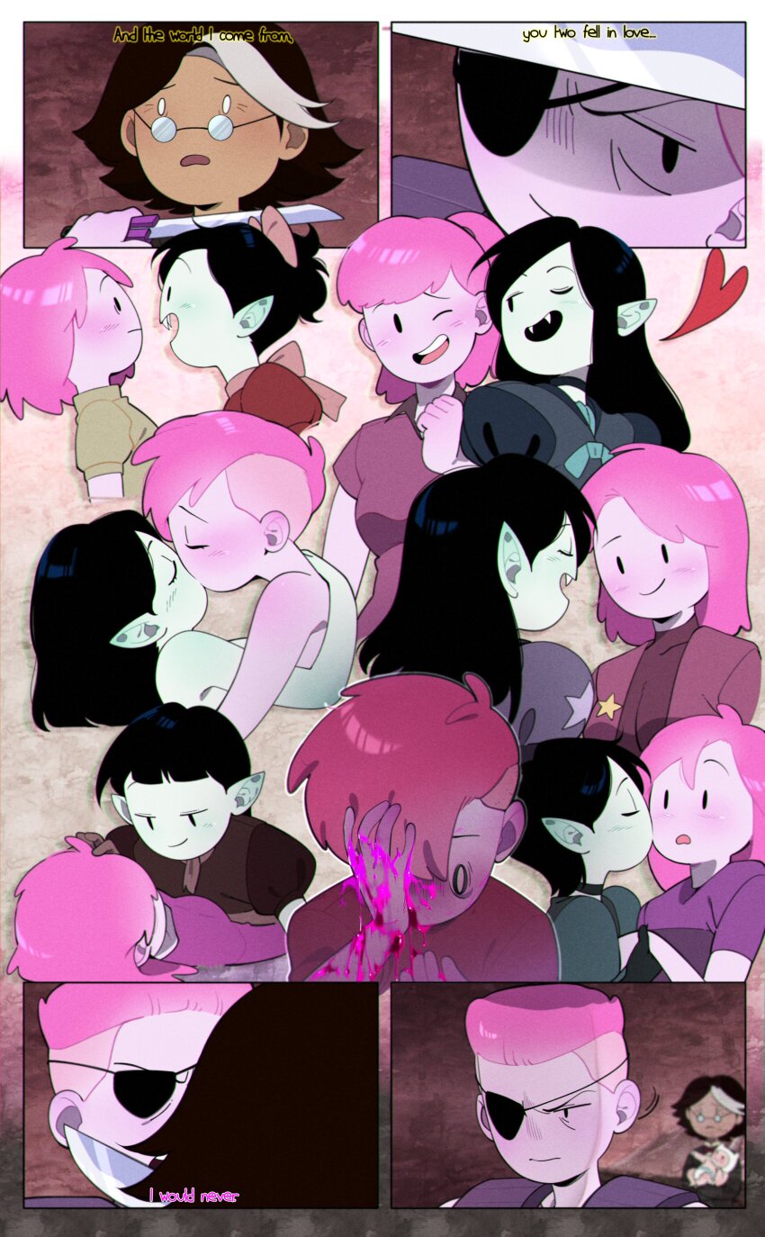 absurdres adventure_time adventure_time:_fionna_and_cake adventure_time:_fionna_and_cake ahoge alternate_costume alternate_hairstyle black_hair blood blush bonnibel_bubblegum_(vampire_world) closed_eyes closed_mouth colored_skin commentary couple earrings english_commentary english_text eyepatch glasses green_shirt hand_over_eye heart highres holding holding_knife hug jewelry knife long_hair looking_at_another lying marceline_abadeer medium_hair multicolored_hair multiple_girls nude omy-chan on_back one_eye_closed open_mouth pink_blood pink_hair pink_shirt pink_skin pointy_ears ponytail princess_bonnibel_bubblegum red_shirt round_eyewear serious sharp_teeth shirt short_hair simon_petrikov smile streaked_hair teeth the_star_(adventure_time) upper_body upper_teeth_only v-shaped_eyebrows vampire weapon yuri