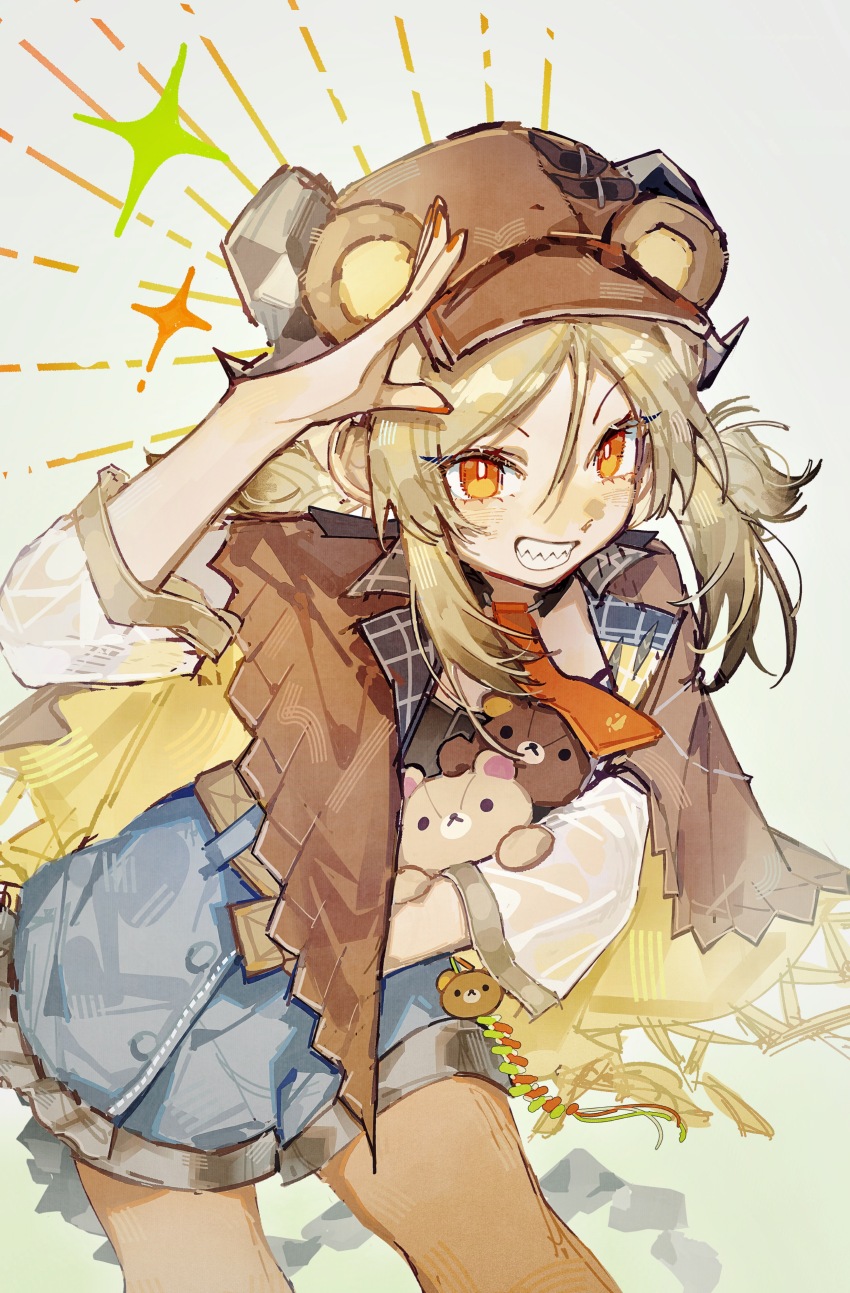 1girl absurdres animal_ears arknights bear_ears blonde_hair blue_shorts brown_capelet capelet chinese_commentary collared_capelet commentary_request cowboy_shot demon_horns grin hand_up highres holding holding_stuffed_toy horns huaique ifrit_(arknights) leaning_forward long_hair long_sleeves looking_at_viewer necktie official_alternate_costume orange_eyes orange_necktie orange_pantyhose pantyhose rilakkuma san-x sanrio sharp_teeth shorts smile solo sparkle standing stuffed_animal stuffed_toy teddy_bear teeth twintails