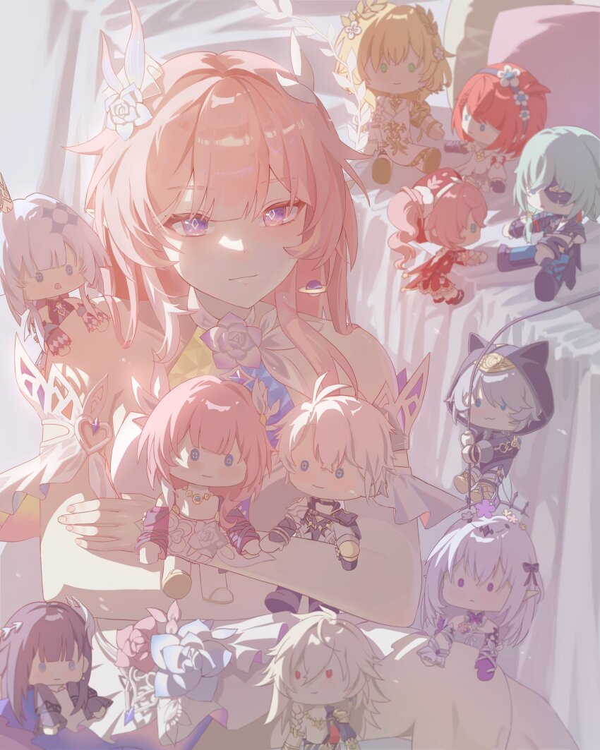 0429rian 1girl absurdres aglaea_(honkai:_star_rail) anaxa_(honkai:_star_rail) bare_shoulders bed breasts castorice_(honkai:_star_rail) cerydra_(honkai:_star_rail) character_doll chrysos_heirs_(honkai:_star_rail) cipher_(honkai:_star_rail) cyrene_(demiurge)_(honkai:_star_rail) cyrene_(honkai:_star_rail) cyrene_(philia093)_(honkai:_star_rail) diamond-shaped_pupils diamond_(shape) doll dress earrings hashtag-only_commentary highres holding holding_doll honkai:_star_rail honkai_(series) hyacine_(honkai:_star_rail) hysilens_(honkai:_star_rail) jewelry large_breasts long_hair mydei_(honkai:_star_rail) phainon_(honkai:_star_rail) pink_hair purple_eyes solo symbol-shaped_pupils tribbie_(honkai:_star_rail) very_long_hair white_dress