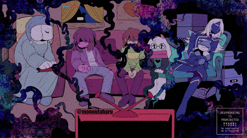 1other 2girls 3boys :3 animal_ears blue_pants blue_skin breathing_smoke brown_hair closed_eyes colored_skin commentary_request couch curtains deltarune film_grain full_body glasses goat_boy goat_ears goat_girl group_picture hat hometown_(deltarune) in-universe_location indoors jevilstail kris_(dark_world)_(deltarune) kris_(deltarune) lancer_(deltarune) looking_at_viewer multiple_boys multiple_girls night nightcap nightgown official_alternate_costume on_couch own_hands_together pants pink_scarf pink_skin ralsei red_eyes round_eyewear rouxls_kaard scarf shaded_face short_hair sitting sleeping smile smoke split_theme susie_(deltarune) taharu_(papiyas) television toriel twitter_username utdr_(toby_fox) watermark window