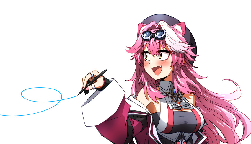 1girl absurdres animal_ear_fluff animal_ears beret black_hat black_tube_top breasts cat_ears cat_girl closed_mouth ddolbang fangs hat highres holding holding_stylus hololive hololive_english jacket large_breasts long_hair looking_at_viewer multicolored_hair nail_polish open_mouth pink_hair pink_nails raora_panthera raora_panthera_(1st_costume) red_jacket smile solo strapless streaked_hair stylus transparent_background tube_top vest virtual_youtuber white_hair white_vest yellow_eyes