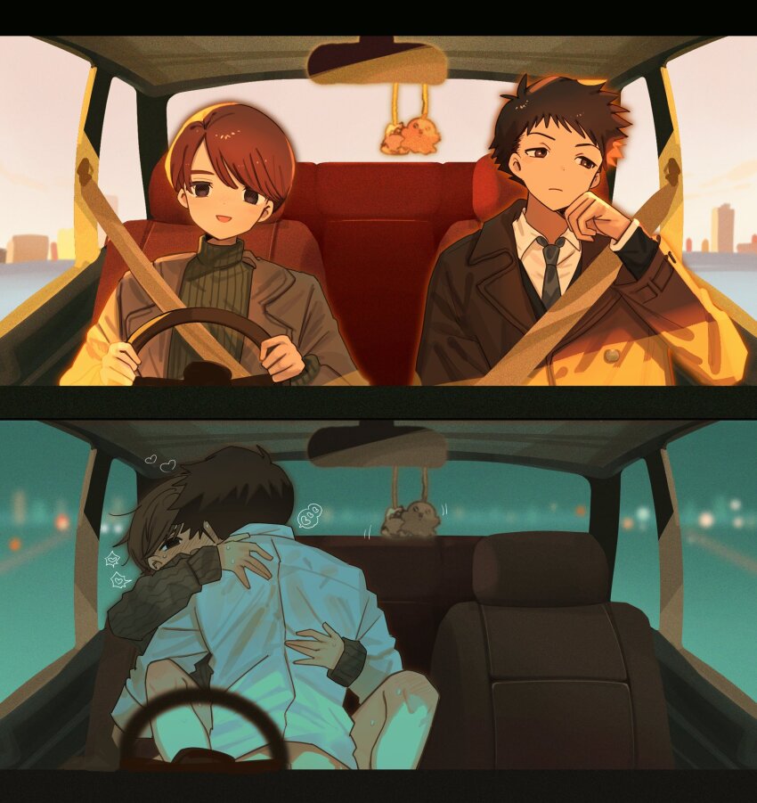 2boys 2koma bottomless car car_interior comic digimon digimon_adventure driving hanana_(ymbk_sb) hug izumi_izzy kamiya_taichi motor_vehicle multiple_boys night sex shirt white_shirt yaoi