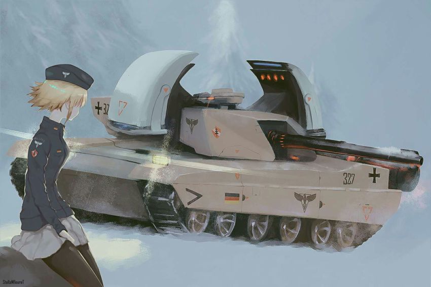 1girl blonde_hair command_&amp;_conquer command_&amp;_conquer:_red_alert command_&amp;_conquer:_red_alert_2 cross german_flag highres iron_cross military military_vehicle mirage_tank motor_vehicle pantyhose red_alert_2 skirt snow stellanfleuret tank