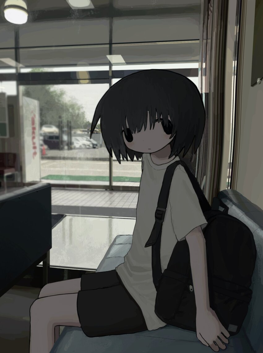 1girl backpack bag black_eyes black_hair black_shorts closed_mouth commentary dated_commentary feet_out_of_frame from_side highres indoors looking_at_viewer looking_to_the_side original shirt short_hair short_sleeves shorts sitting solo t-shirt utututuna white_shirt