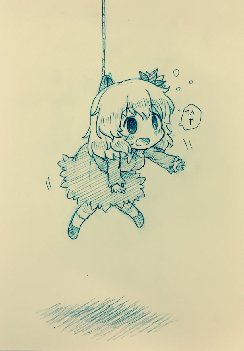 1girl aki_shizuha arinu blush breasts female_focus fish_hook flying_sweatdrops hair_ornament hanging highres hook leaf_hair_ornament long_sleeves medium_breasts monochrome open_mouth scared short_hair solo sweat touhou traditional_media translated