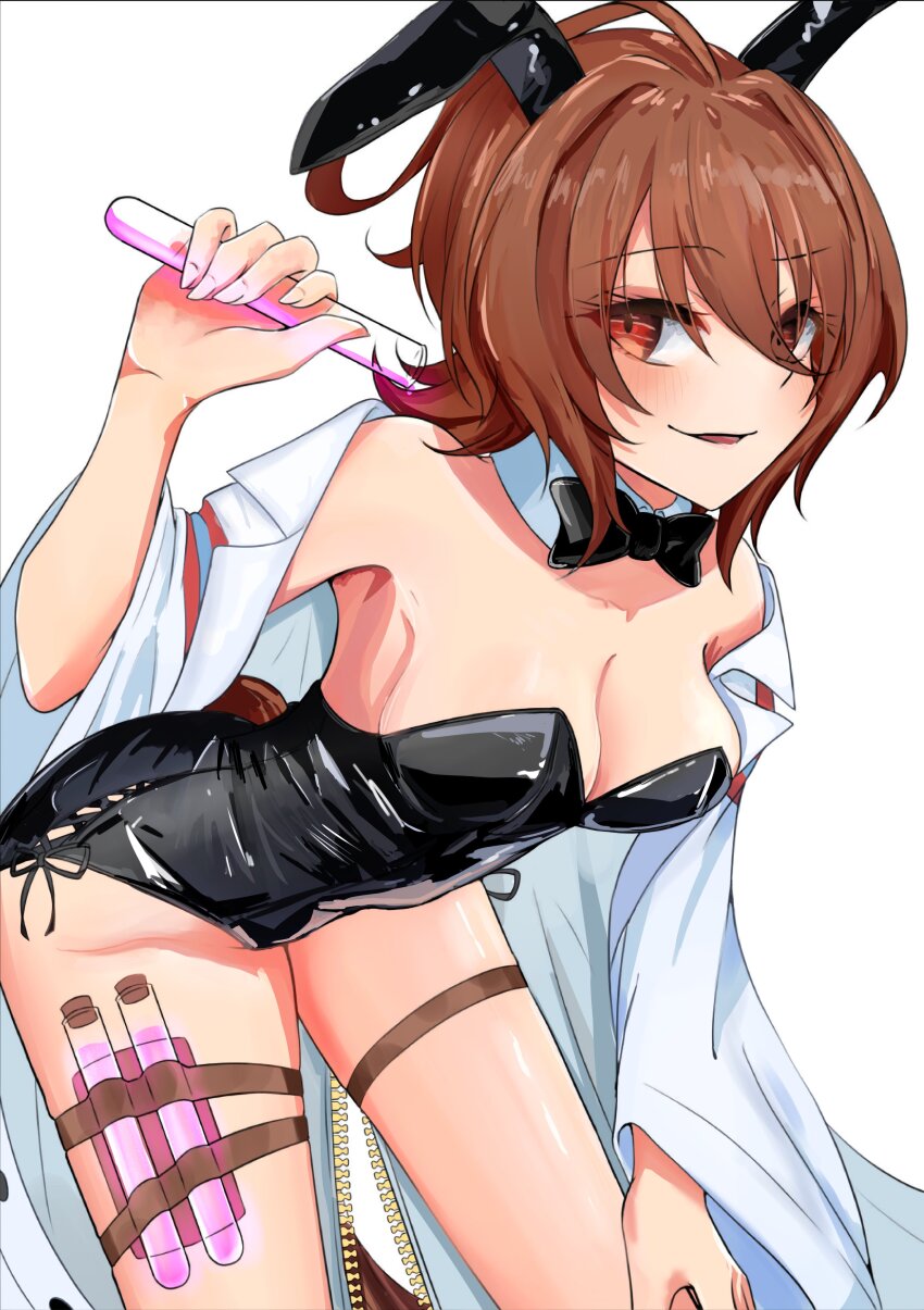 1girl absurdres agnes_tachyon_(umamusume) ahoge animal_ears black_bow black_bowtie black_leotard blush bow bowtie breasts brown_hair cleavage coat commentary_request cork detached_collar ear_covers hair_between_eyes highres holding holding_test_tube horse_ears horse_girl horse_tail ikaeru_squid19 lab_coat leotard looking_at_viewer medium_breasts medium_hair open_clothes open_coat parted_lips red_eyes simple_background smile solo tail test_tube thigh_strap umamusume white_background white_coat