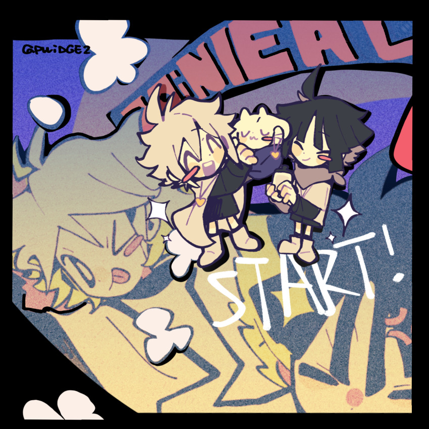 >_o 2boys :d ;p ^_^ anger_vein ankle_boots antenna_hair bandana bandana_around_neck black_border black_eyes black_hair black_shirt black_shorts black_socks blunt_bangs blunt_ends blush_stickers boots border bright_pupils brothers cape chara_(undertale) character_doll chibi child closed_eyes closed_mouth colored_skin doll dot_nose double-parted_bangs face-to-face family_bonding fewer_digits flipped_hair flower frisk_(undertale) gold_necklace grey_bandana hair_between_eyes heart heart_necklace highres holding holding_doll jewelry kneehighs layered_sleeves long_sleeves looking_at_viewer male_focus multiple_boys necklace one_eye_closed open_mouth prridge2 shirt short_hair short_over_long_sleeves short_sleeves shorts siblings single_blush_sticker smile socks tongue tongue_out toriel twitter_username undertale utdr_(toby_fox) white_boots white_cape white_flower white_hair white_pupils white_shirt white_skin xtale