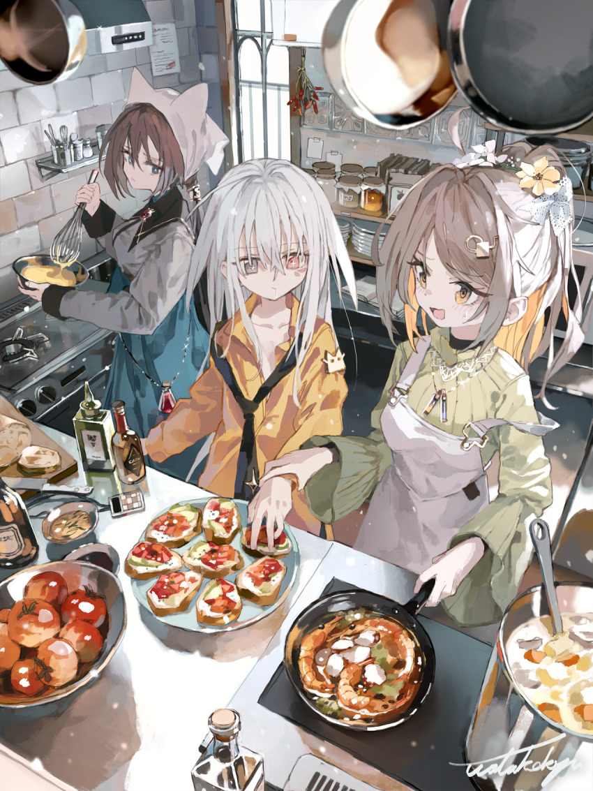 3girls ahoge apron black_necktie blue_eyes brown_eyes brown_hair collared_shirt commentary cooking covered_ears english_commentary flower green_sweater grey_eyes grey_hair hair_flower hair_ornament headscarf heterochromia highres kitchen long_hair loose_necktie multiple_girls necktie open_mouth original partially_unbuttoned ponytail red_eyes ribbed_sweater scenery shirt signature smile sweater watakokyu white_apron white_hair white_headscarf wide_sleeves yellow_shirt