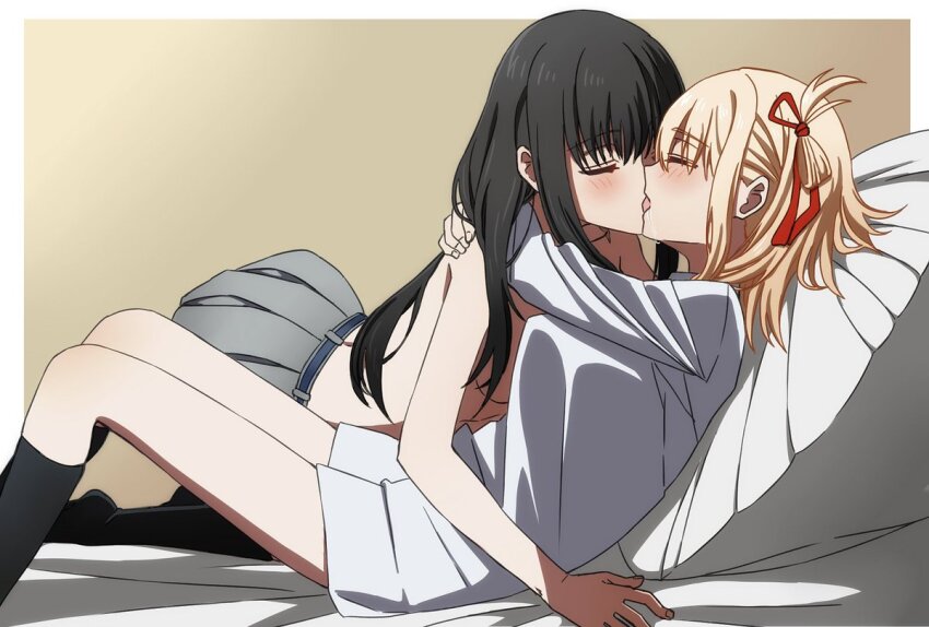 2girls arms_around_neck black_hair blonde_hair blush closed_eyes commentary commission cushion english_commentary french_kiss grey_skirt hair_ribbon inoue_takina kiss long_hair lycoris_recoil multiple_girls nishikigi_chisato one_side_up pleated_skirt reclining red_ribbon ribbon saliva second-party_source shirt skirt topless_female white_shirt yuri yuyu_(oiun461)