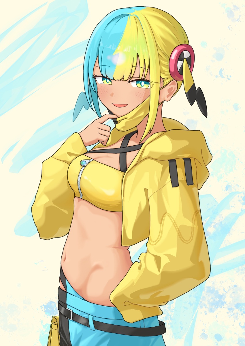 1girl :d absurdres bandeau belt black_belt bright_pupils canari_(pokemon) commentary_request hand_on_own_hip hand_up highres hood hood_down hooded_jacket jacket kachi_5057 mask mask_pull mouth_mask multicolored_eyes multicolored_hair navel nintendo open_clothes open_jacket open_mouth pants pokemon pokemon_legends:_z-a short_twintails smile solo twintails white_pupils yellow_bandeau yellow_jacket zipper zipper_pull_tab