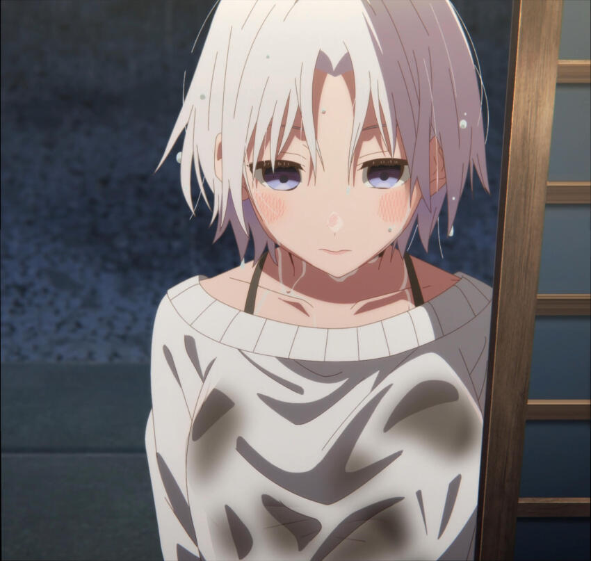 1girl amagami-san_chi_no_enmusubi blue_eyes bra_strap collarbone highres short_hair solo stitched third-party_edit tsuruyama_shirahi wet wet_clothes wet_hair white_hair