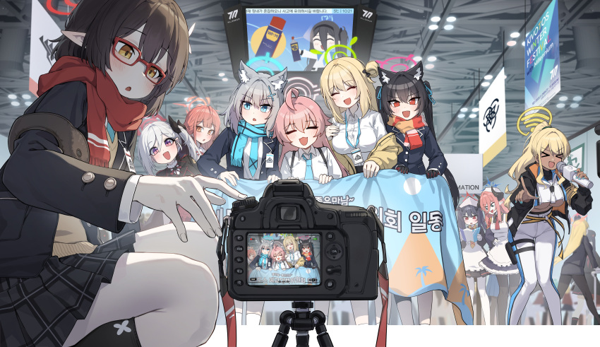 >_< 6+girls absurdres ahoge animal_ear_fluff animal_ears aris_(blue_archive) aru_(blue_archive) ayane_(blue_archive) black_hair black_hat black_horns black_jacket black_pantyhose black_skirt blonde_hair blue_archive blue_halo blue_necktie blue_scarf breasts brown_horns camera cat_ears cat_girl closed_eyes collared_shirt competition_swimsuit cross cross_hair_ornament dark-skinned_female dark_skin demon_girl demon_horns fuuka_(blue_archive) garrison_cap glasses gloves green_eyes green_halo grey_skirt hair_between_eyes hair_bun hair_on_horn hair_ornament halo hat headscarf highres holding holding_microphone horns hoshino_(blue_archive) huge_ahoge inverted_cross jacket juri_(blue_archive) justice_task_force_member_(blue_archive) kokukyukeo large_breasts long_hair long_sleeves low_horns medium_breasts microphone miniskirt mismatched_pupils multiple_girls mutsuki_(blue_archive) necktie nonomi_(blue_archive) official_alternate_costume one-piece_swimsuit open_mouth orange_eyes orange_halo pants pantyhose pencil_skirt pina_(blue_archive) pina_(guide)_(blue_archive) pink_hair pink_halo plaid_clothes plaid_skirt pleated_skirt pointy_ears ponytail purple_eyes red-framed_eyewear red_eyes red_halo red_scarf scarf serika_(blue_archive) shinon_(blue_archive) shiroko_(blue_archive) shirt short_hair side_ponytail skirt small_breasts swimsuit tour_guide twintails underboob white_gloves white_hair white_pants white_shirt wolf_ears wolf_girl yellow_halo