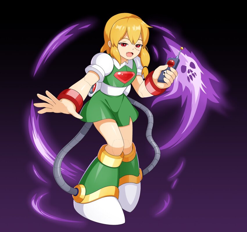 1girl black_background blonde_hair chest_jewel commentary english_commentary full_body green_shirt green_skirt highres jwc_vevo mega_man_(classic) mega_man_(series) original piano_(srnhuyuno) purple_background red_eyes scar scar_on_face shirt simple_background skirt solo