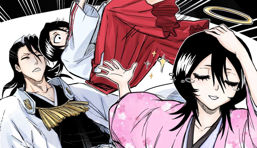 1boy 2girls antatica11 black_hair black_kimono bleach closed_eyes collarbone crying emphasis_lines hair_between_eyes hakama halo hand_in_own_hair highres japanese_clothes kimono kuchiki_byakuya kuchiki_hisana kuchiki_rukia long_hair long_sleeves meme multiple_girls naoya_hitting_choso_without_looking_(meme) pink_kimono red_hakama smile throwing throwing_person wide-eyed yellow_halo