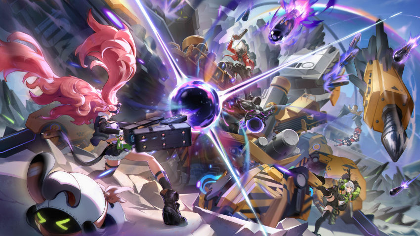 1boy 1other 3girls absurdres anby_demara animal_ear_fluff animal_ears armpits bangboo_(zenless_zone_zero) belt billy_kid black_boots black_pants black_ribbon black_shorts black_thighhighs boots breasts briefcase burger cat_ears cat_girl cat_tail clothing_cutout corset crop_top cutoffs cyborg drill dual_wielding earrings eous_(zenless_zone_zero) ethereal_(zenless_zone_zero) fingerless_gloves firing food from_behind giant giant_monster gloves green_jacket green_sleeves grey_hair gun hair_ornament hair_ribbon hairband hairclip headphones heart heart_earrings hiding hiding_behind_another highres holding holding_behind_back holding_gun holding_weapon holding_weapon_behind_back hollow_(zenless_zone_zero) humanoid_robot jacket jewelry long_hair lying mechanical_tail micro_shorts multicolored_sleeves multiple_girls nekomiya_mana nicole_demara on_stomach open_mouth orange_eyes pants pink_hair pouch qian_fan_kui red_corset red_hairband red_jacket red_sleeves ribbon robot robot_boy ruins shorts shoulder_cutout single_thighhigh skirt sleeveless sleeveless_jacket spiked_hair spiked_jacket spread_legs strapless tail thigh_pouch thighhighs tube_top twintails two_side_up weapon white_hair white_tube_top zenless_zone_zero