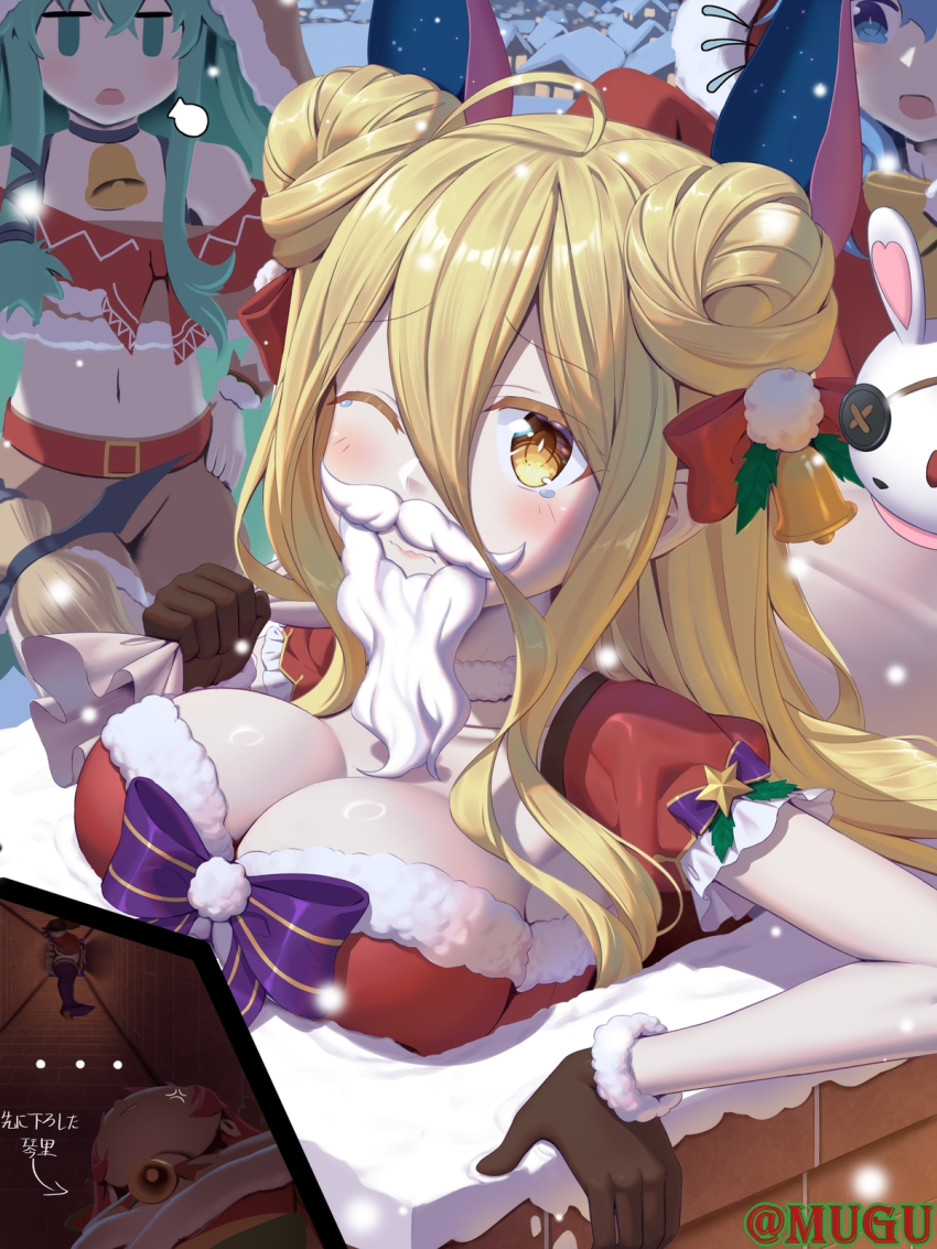 1other 4girls alternate_costume bell belt blonde_hair blue_eyes blue_hair breasts brown_gloves chimney chinese_commentary christmas cleavage commentary_request cowbell date_a_live eyepatch fake_beard fake_facial_hair fur-trimmed_gloves fur_trim gloves green_hair hair_ornament highres himekawa_yoshino hoshimiya_mukuro itsuka_kotori kyouno_natsumi large_breasts long_hair multiple_girls navel neck_bell one_eye_closed open_mouth outdoors ribbon snow stuck tsubasaki yellow_eyes yoshinon