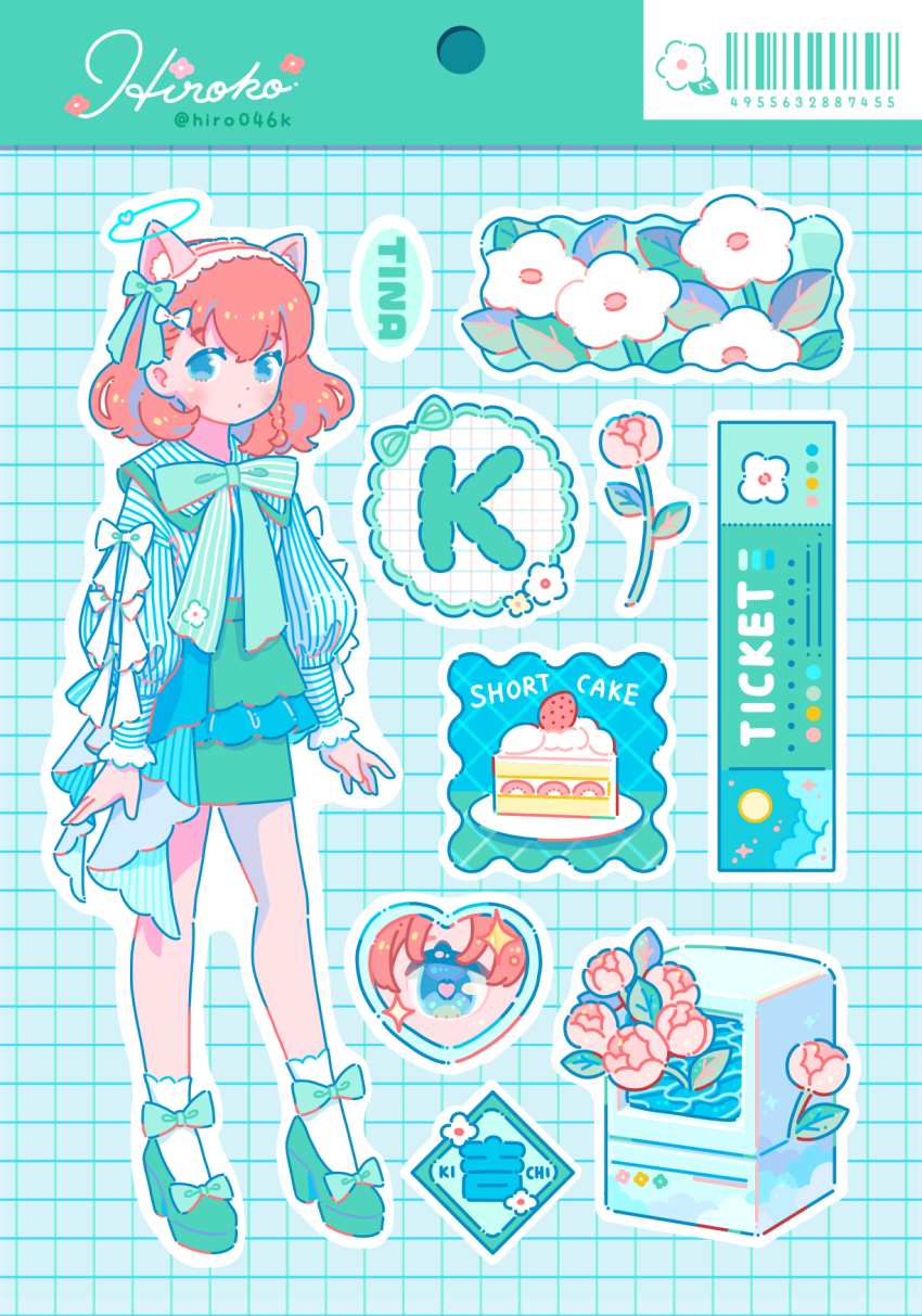 1girl animal_ear_fluff animal_ears arms_at_sides artist_name barcode blue_eyes blue_shirt bow bowtie cake cat_ears commentary_request fake_animal_ears flower food fruit green_background green_bow green_bowtie green_shoes green_skirt grid_background hair_bow halo highres hiro046k k_(letter) layered_skirt original outline pink_flower puffy_sleeves red_hair shirt shoes short_hair skirt socks solo sticker_sheet_(medium) strawberry strawberry_shortcake striped_clothes striped_shirt ticket twitter_username vertical-striped_clothes vertical-striped_shirt white_bow white_shirt white_socks