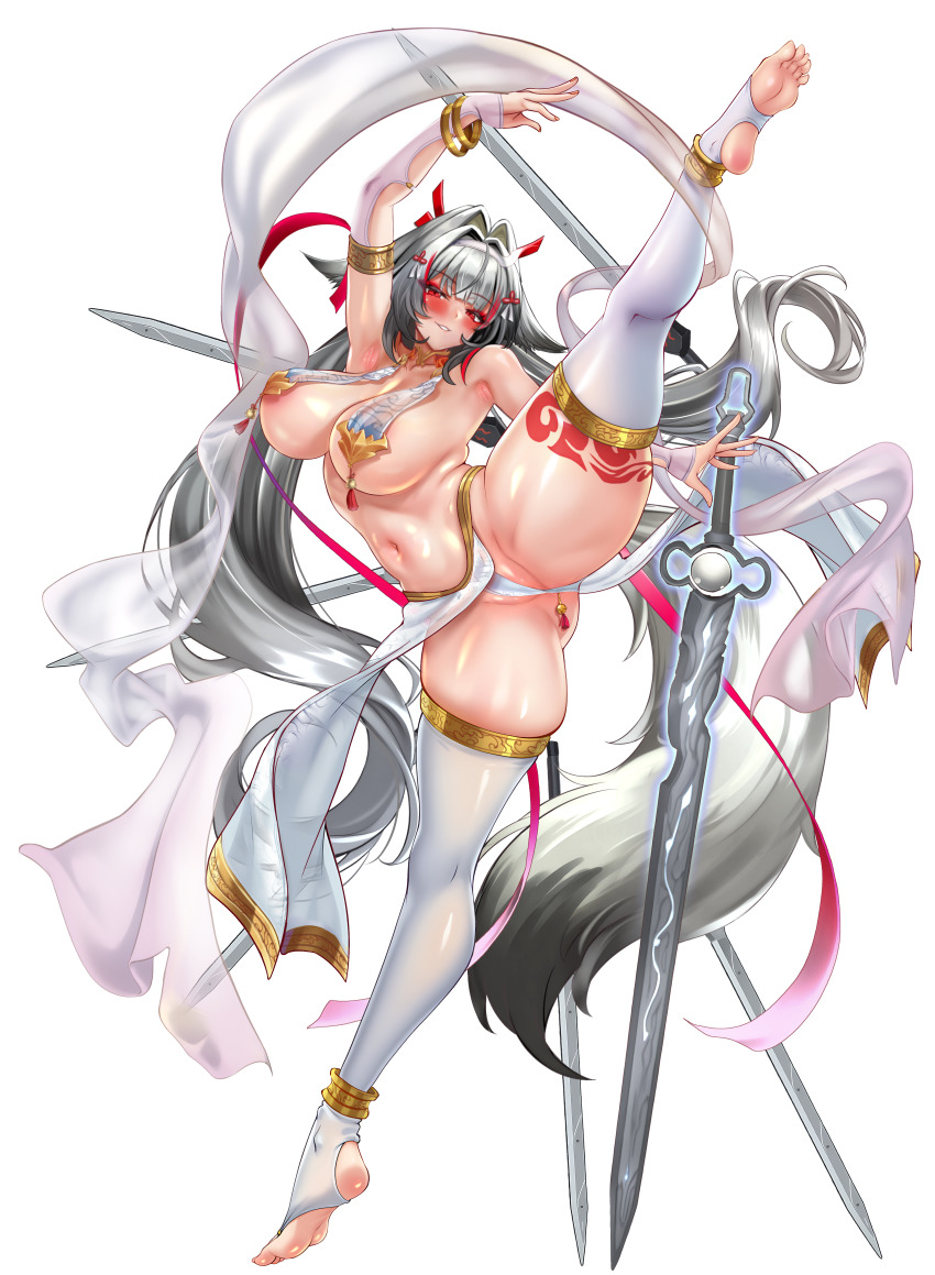 1girl absurdres anklet armlet barefoot bracelet breast_curtains breasts brown_tail chinese_clothes commentary_request dancer droopy_ears elbow_gloves feet floating floating_object floating_sword floating_weapon gloves hairband highres jagoo jewelry long_hair looking_at_viewer navel no_bra no_shoes panties qingming_sword red_eyes silver_armlet soles split standing standing_on_one_leg standing_split stirrup_legwear sword tail thighhighs toeless_legwear toes underwear weapon white_hair white_hairband white_panties white_thighhighs ye_shunguang zenless_zone_zero