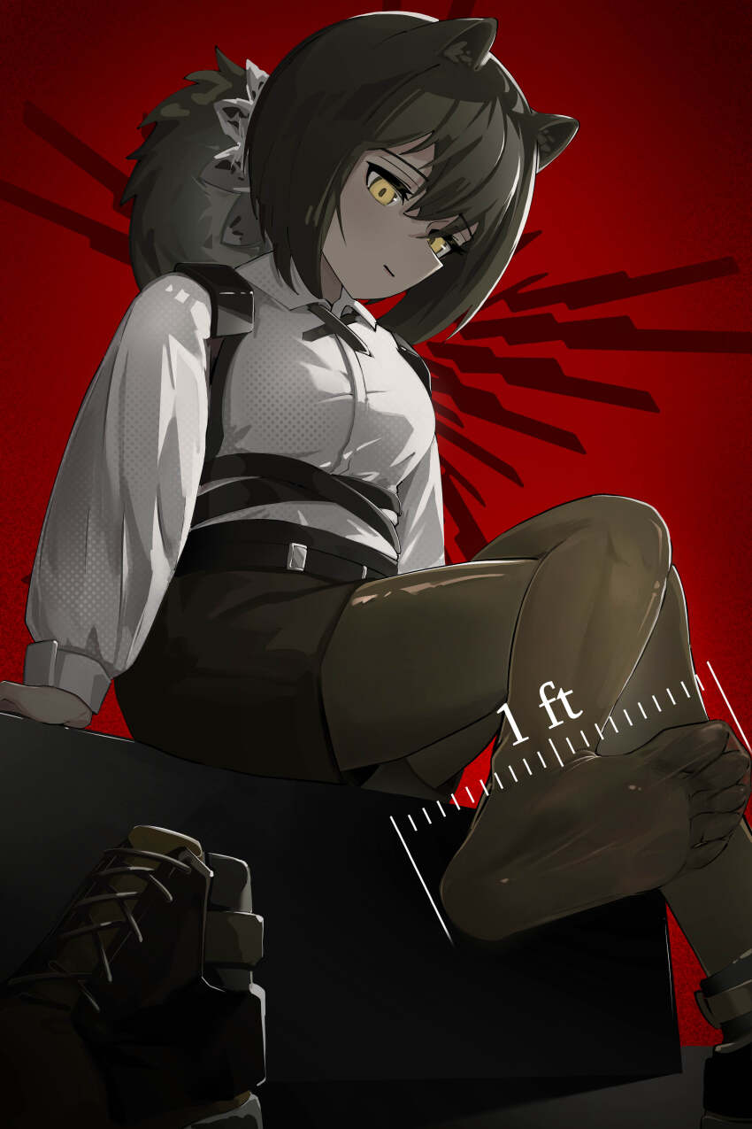 1girl absurdres animal_ears animal_hands arknights black_cross_tie brown_hair brown_pantyhose collared_shirt commentary cross_tie feet foot_focus hair_between_eyes highres jambaeng long_hair long_sleeves looking_at_viewer no_freckles pantyhose pantyhose_under_shorts polka_dot polka_dot_shirt ponytail raccoon_ears raccoon_girl robin_(arknights) shirt shoes shorts solo unworn_shoes white_shirt yellow_eyes