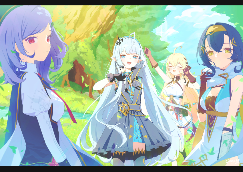 4girls absurdres ahoge amber_(stella_sora) arm_guards artist_name backless_dress backless_outfit bag bag_charm black_dress black_gloves black_leotard black_thighhighs blonde_hair blue_cape blue_dress blue_eyes blue_hair blue_hairband blue_sky blush breasts brown_gloves buttons cape charm_(object) cleavage closed_eyes cloud coat_dress commentary_request comp_(guzz3837) dress extra_pupils falling_leaves female_tyrant_(stella_sora) frilled_dress frilled_gloves frills gloves grey_hair hairband highres iris_(stella_sora) jewelry juliet_sleeves key key_necklace korean_commentary layered_dress leaf leotard leotard_under_clothes long_hair long_sleeves medium_breasts medium_hair monolith_(stella_sora) multiple_girls nature necklace necktie new_star_guild_(stella_sora) noya_(stella_sora) open_mouth outdoors pointy_ears puffy_sleeves purple_hair red_eyes red_necktie satchel scenery signature sky sleeveless sleeveless_dress smile stella_sora sword sword_on_back thighhighs tiara tree tyrant_(stella_sora) very_long_hair wavy_hair weapon weapon_on_back white_dress yellow_eyes