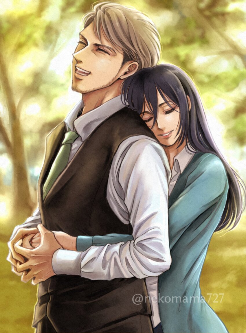 1boy 1girl affair aged_up alternate_facial_hair artist_name bad_tag betrayal black_hair blonde_hair cheating_(relationship) closed_eyes commentary_request disgrace disgust facial_hair highres incest infidelity jean_kirstein long_hair long_sideburns long_sleeves mikasa_ackerman mixed-language_commentary necktie nekomama727 netorare netorase open_mouth out_of_character shingeki_no_kyojin shirt short_hair sideburns smile trash twitter_username unfaithful white_shirt