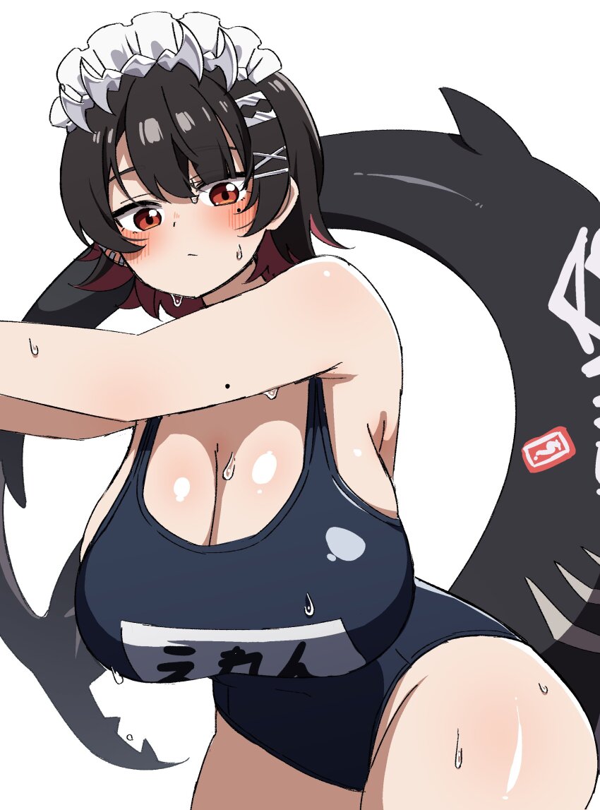 1girl armpits black_hair blue_one-piece_swimsuit blush breasts cleavage colored_inner_hair earrings ellen_joe enon1129 fish_tail frilled_hairband frills hair_ornament hairband hairclip huge_breasts jewelry large_tail leaning_forward maid_headdress mole mole_on_arm mole_under_eye multicolored_hair one-piece_swimsuit red_eyes red_hair scar scar_on_tail school_swimsuit shark_tail solo standing swimsuit tail wet white_background white_hairband zenless_zone_zero