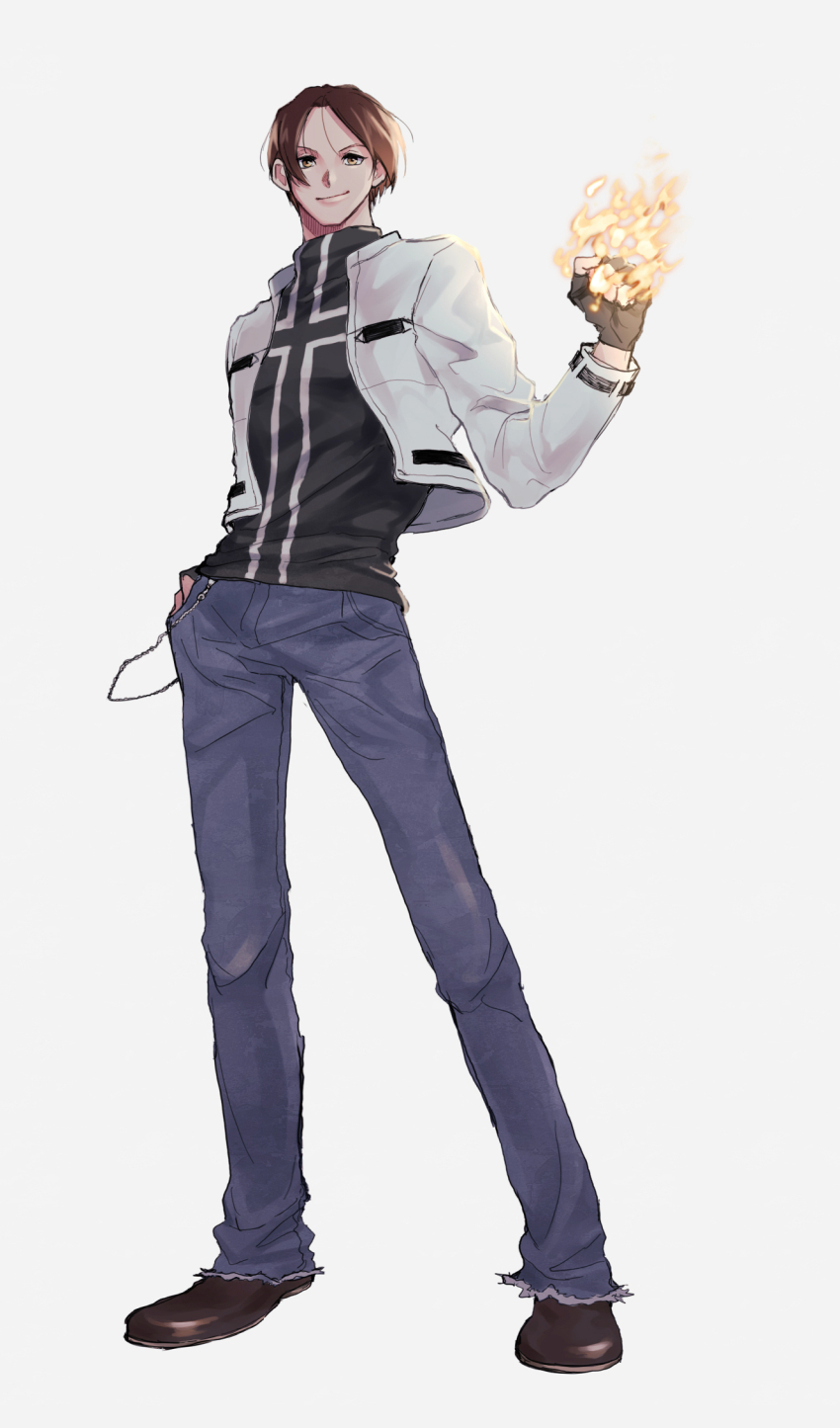 1boy black_gloves blue_pants brown_eyes brown_hair brown_shoes clenched_hand closed_mouth commentary_request cross cross_print denim fingerless_gloves fire full_body gloves hand_in_pocket highres jacket jeans kusanagi_kyou looking_at_viewer male_focus nahogiisio pants pyrokinesis shirt shoes short_hair simple_background smile smug solo standing the_king_of_fighters wallet_chain white_background white_jacket
