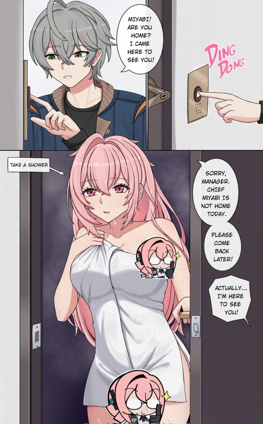 1boy 1girl breasts commentary english_commentary english_text grey_hair hair_between_eyes highres large_breasts long_hair na_(naneesan1) naked_towel pink_eyes pink_hair speech_bubble towel tsukishiro_yanagi wet wise_(zenless_zone_zero) zenless_zone_zero