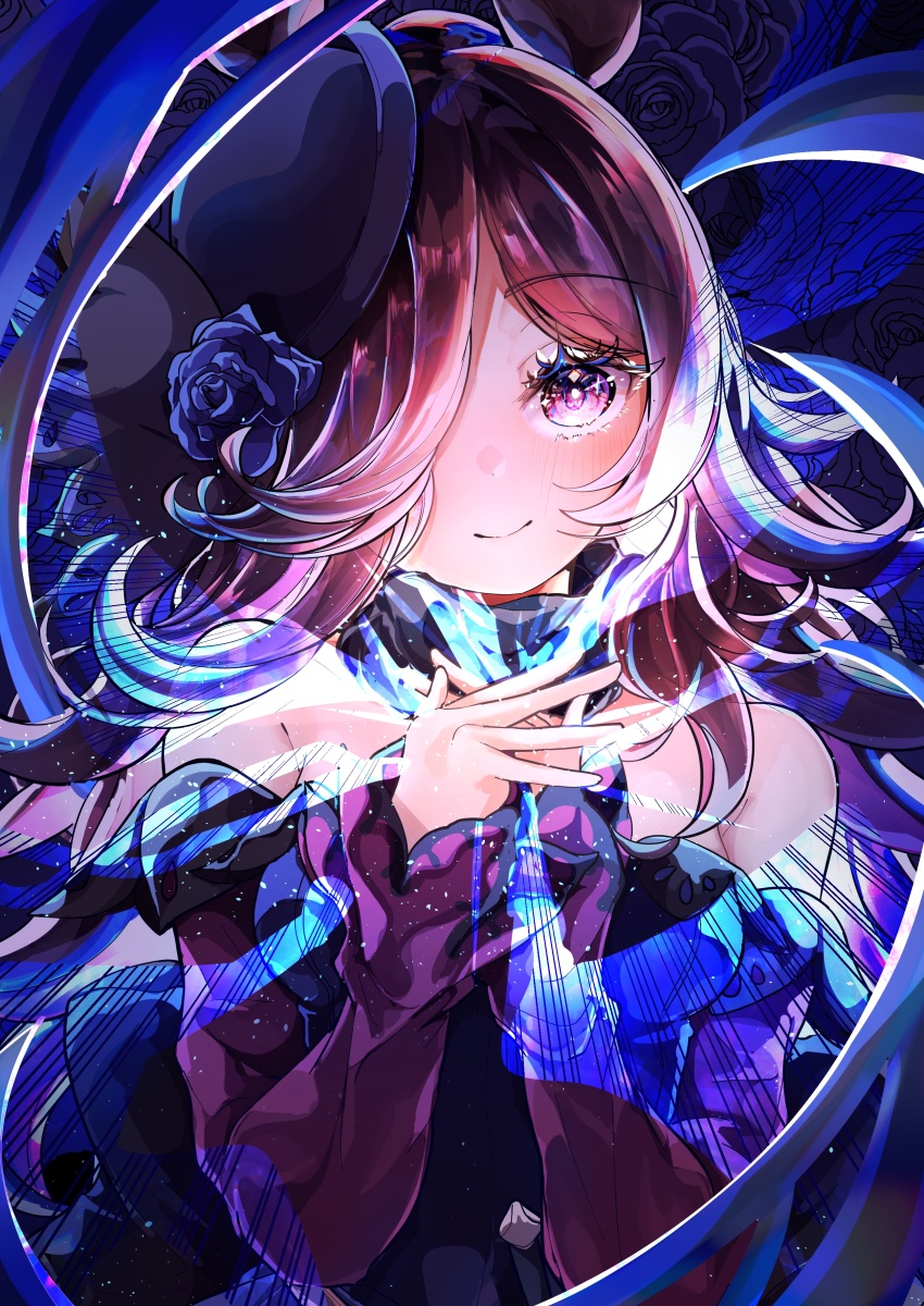 1girl absurdres animal_ears bare_shoulders blue_flower blue_hat blue_rose blush brown_hair closed_mouth commentary_request dress flipped_hair flower fur_choker hair_over_one_eye hat hat_flower highres horse_ears horse_girl long_hair long_sleeves looking_at_viewer off-shoulder_dress off_shoulder purple_eyes rice_shower_(rosy_dreams)_(umamusume) rice_shower_(umamusume) rose smile solo tilted_headwear umamusume upper_body yu-muge