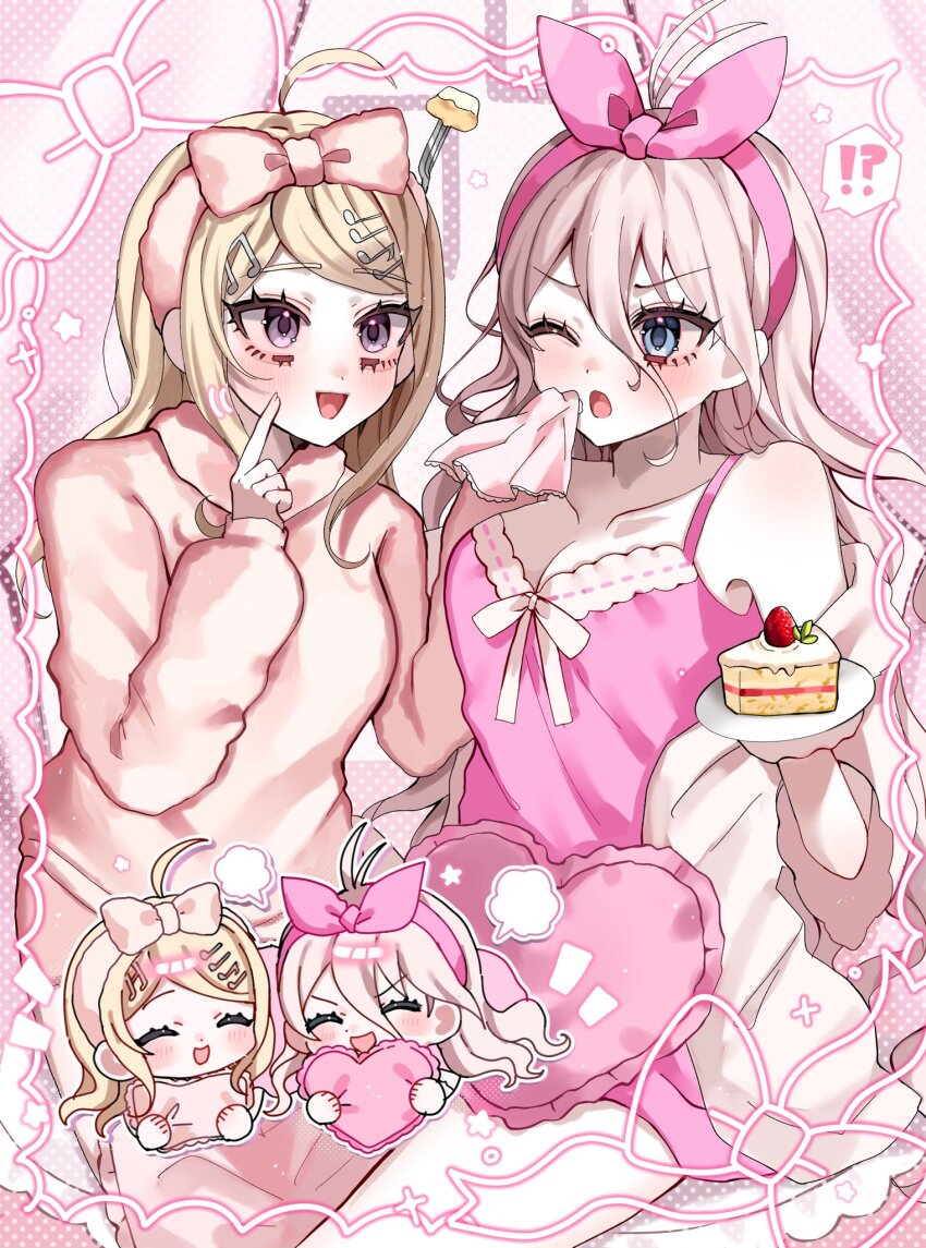 2girls ;o akamatsu_kaede bare_shoulders blue_eyes blush bow breasts cake cake_slice cleavage commentary_request danganronpa_(series) danganronpa_v3:_killing_harmony dress food hair_bow hairband heart heart-shaped_pillow highres holding holding_plate iruma_miu jacket large_breasts long_hair long_sleeves multiple_girls one_eye_closed open_mouth pillow pink_dress pink_hairband plate smile sobacha white_jacket