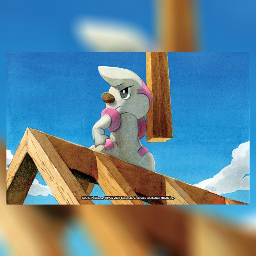 black_eyes blue_sky bright_pupils closed_mouth cloud commentary company_name copyright_name copyright_notice english_commentary gen_5_pokemon nakai_mina nintendo official_art pokemon pokemon_(creature) pokemon_focus pokemon_tcg sky solo third-party_source timburr white_pupils wooden_beam