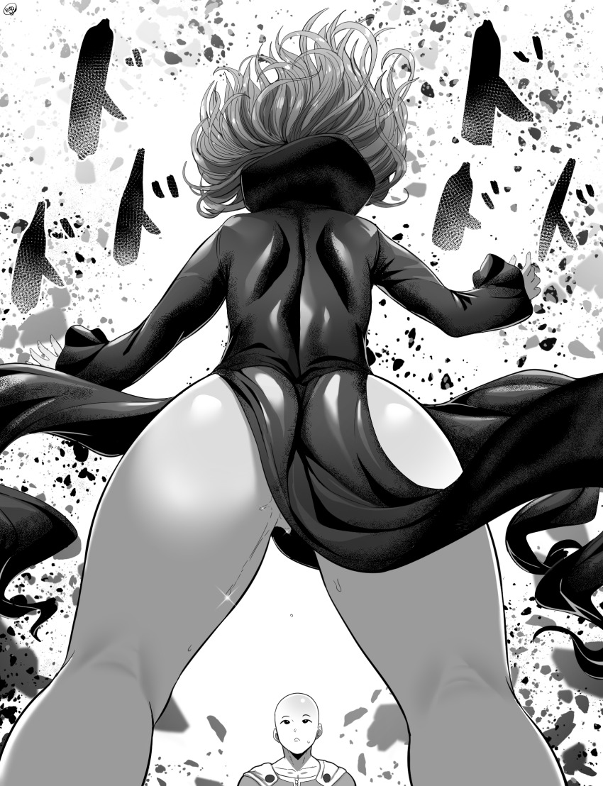 1boy 1girl ass ass_focus back bald black_dress born-to-die curly_hair dress facing_away from_behind greyscale hands_up highres looking_at_another monochrome one-punch_man rubble saitama_(one-punch_man) short_hair shoulder_blades solo_focus tatsumaki thighs