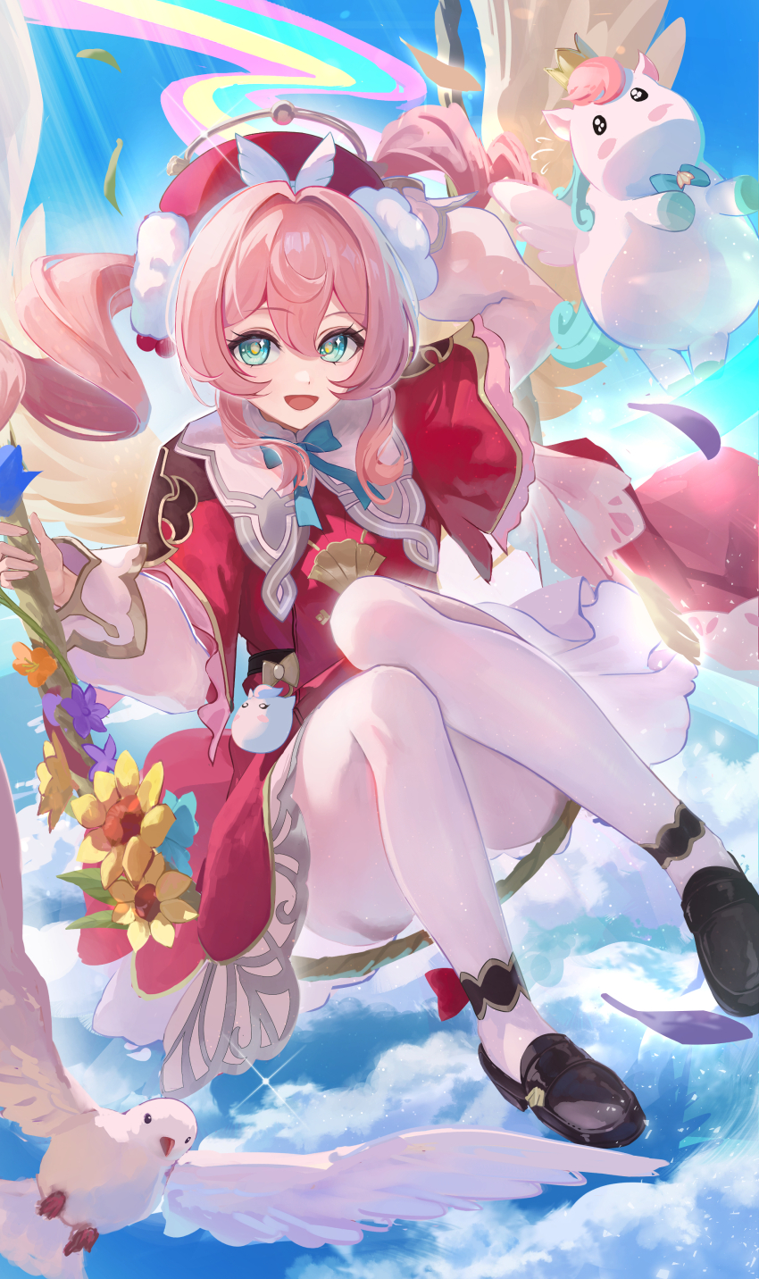 1girl absurdres aqua_bow aqua_bowtie aqua_eyes arm_behind_head bird black_shoes blue_sky bow bowtie capelet cloud commentary_request dress hat highres honkai:_star_rail honkai_(series) hyacine_(honkai:_star_rail) little_ica_(honkai:_star_rail) loafers long_sleeves looking_at_viewer medium_hair on_swing open_mouth otabaaa pantyhose pink_hair rainbow red_capelet red_dress red_hat shoes sky smile solo swing twintails white_pantyhose
