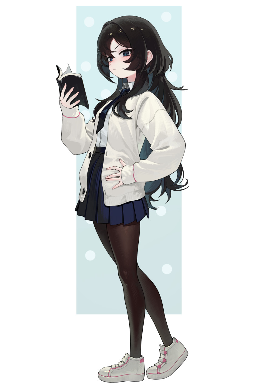 1girl :/ absurdres bilingual_commentary black_eyes black_hair black_necktie black_pantyhose blue_skirt book cardigan closed_mouth collared_shirt commentary commentary_request dress_shirt english_commentary from_side gemi_ningen hair_between_eyes hand_on_own_hip highres holding holding_book korean_commentary long_hair long_sleeves looking_at_viewer mixed-language_commentary necktie open_book open_cardigan open_clothes original pantyhose pleated_skirt raised_eyebrow school_uniform shirt shoes skirt sneakers solo standing very_long_hair white_cardigan white_shirt white_shoes