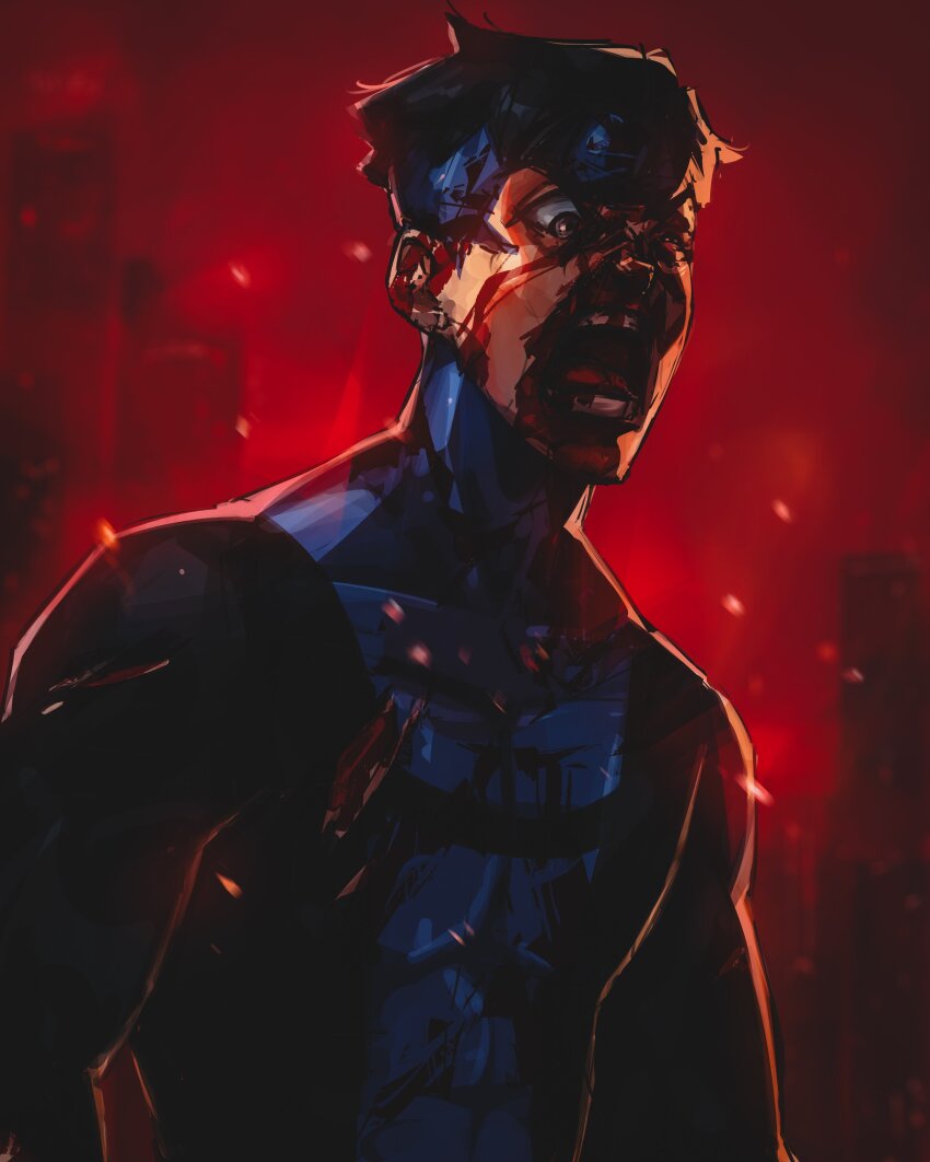 1boy absurdres angry black_eyes black_hair blood blood_on_clothes blood_on_face blue_bodysuit bodysuit bruise bruise_on_face bruised_eye commentary embers english_commentary furious highres injury invincible_(character) invincible_(series) looking_down male_focus mark_grayson multicolored_bodysuit muscular muscular_male open_mouth outdoors red_background short_hair solo superhero_costume titanartx two-tone_bodysuit uneven_eyes upper_body very_short_hair