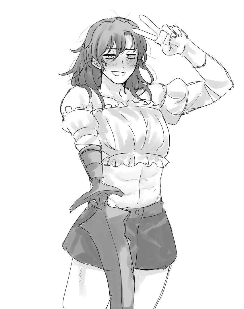 1boy abs absurdres alternate_costume arthropod_limbs bags_under_eyes bare_shoulders blush collarbone contemporary cowboy_shot crop_top crossdressing detached_sleeves embarrassed facial_hair fingerless_gloves frilled_shirt frilled_sleeves frills glasses gloves gregor_(project_moon) greyscale grin hair_between_eyes hair_down half-closed_eyes highres jitome kikkoinu limbus_company long_hair looking_at_viewer low_ponytail male_focus messy_hair midriff monochrome muscular muscular_male navel open_mouth parted_bangs photoshop_(medium) ponytail project_moon puffy_sleeves sanpaku shirt shorts simple_background sketch smile solo standing stomach stubble sweatdrop toned toned_male v v_over_eye white_background