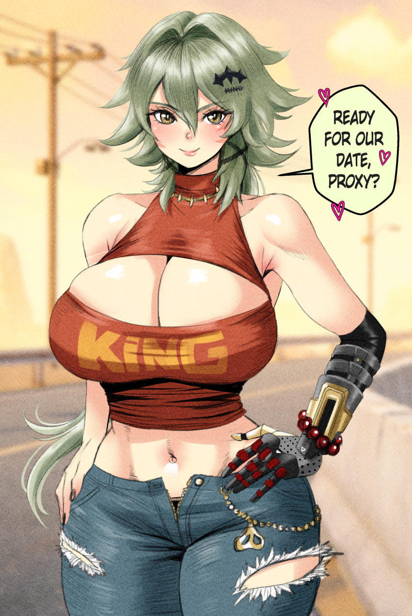 1girl absurdres alternate_breast_size_(larger) alternate_costume bare_shoulders black_panties blue_pants blurry blurry_background breast_cutout breasts caesar_king_(zenless_zone_zero) cleavage_cutout closed_mouth clothing_cutout collarbone commentary cowboy_shot crop_top denim english_commentary english_text evil-dei green_hair hair_between_eyes hair_intakes hair_ornament hairpin hand_on_own_hip heart highres huge_breasts jeans long_hair looking_at_viewer midriff navel open_fly open_pants panties pants panty_peek prosthesis prosthetic_arm red_shirt shirt smile solo speech_bubble torn_clothes torn_jeans torn_pants underwear yellow_eyes zenless_zone_zero