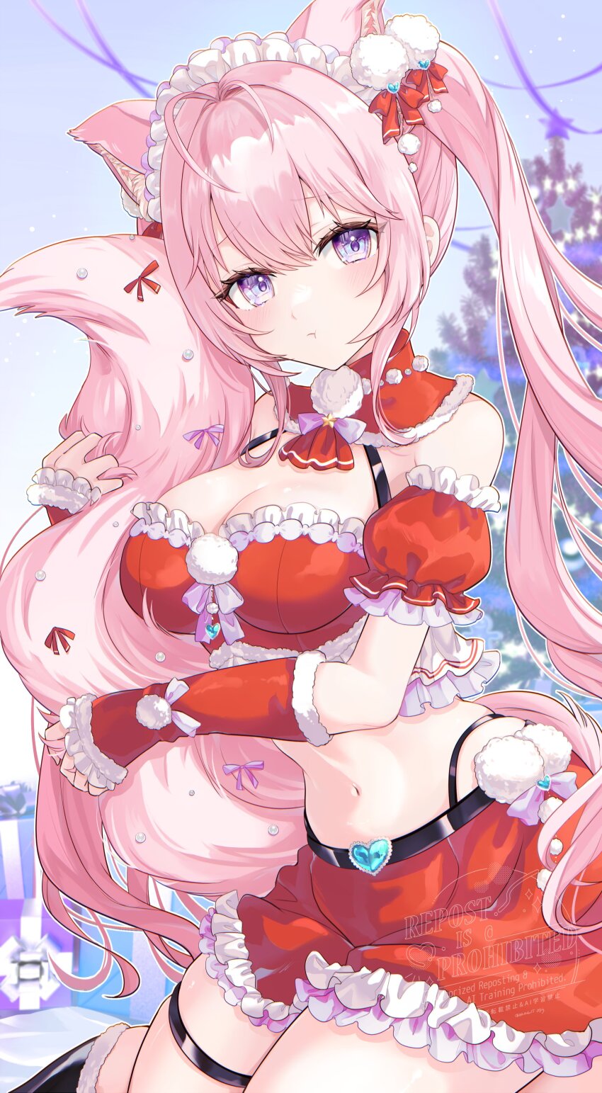 1girl absurdres animal_ears antenna_hair blush breasts christmas_tree closed_mouth commentary_request fur-trimmed_gloves fur-trimmed_jacket fur-trimmed_tube_top fur_trim gloves hakui_koyori highres hololive hugging_own_tail hugging_tail jacket kudoukudokudo long_hair looking_at_viewer maid_headdress outdoors pink_hair purple_eyes red_gloves red_skirt red_tube_top side_ponytail skirt solo strapless tail thigh_strap tube_top virtual_youtuber wolf_ears wolf_girl wolf_tail